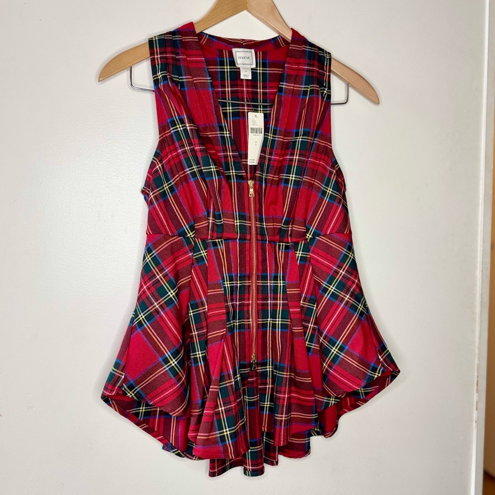 Anthropologie MAEVE Waisted Zip-Front Sleeveless Top In Red Plaid Small NEW NWT - Picture 3 of 9